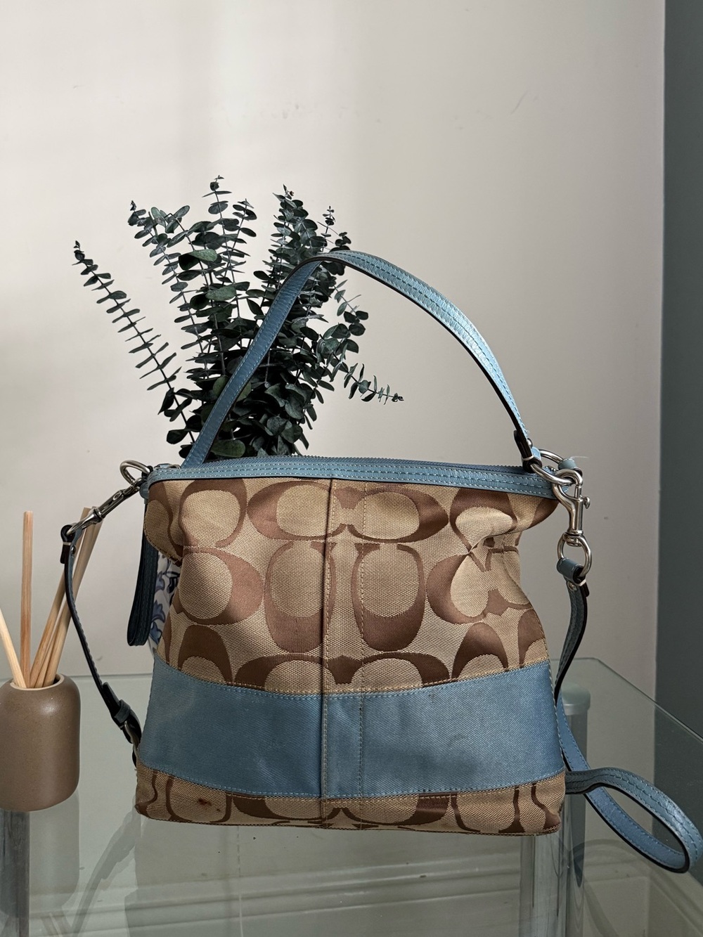 Coach Signature Canvas and Blue Leather Crossbody Bag